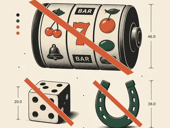 Illustration: a slot reel, dice and horseshoe struck through