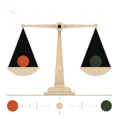 Illustration of a balanced scale weighing a red disc against a green disc