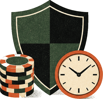 Illustration of a shield, a clock and casino chips